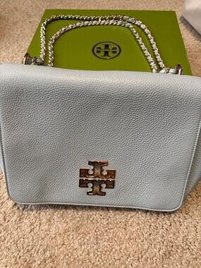 Tory Burch Light Blue Pebbled Leather Crossbody with Gold Logo